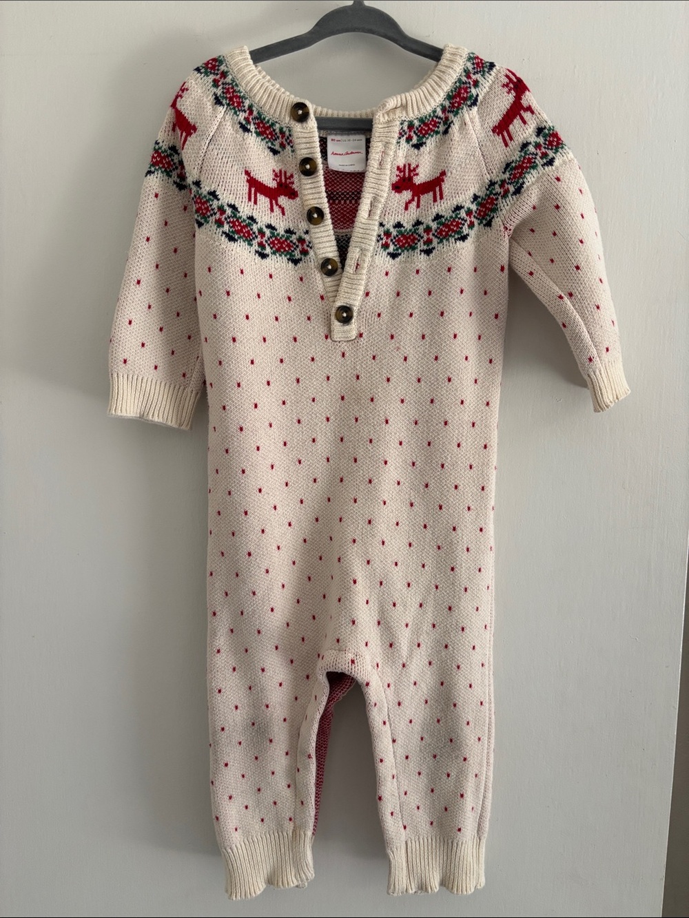 Hanna Andersson Cream Knit Holiday One-Piece with Red Reindeer